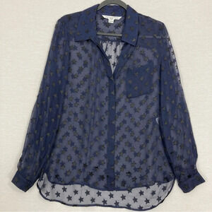 Diane von Furstenberg Navy Star Print Sheer Silk Button Down Top size 10
